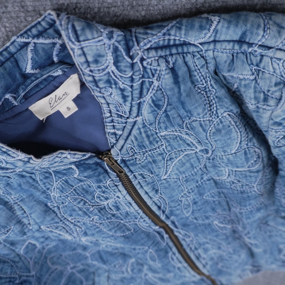 Elan Bomber Jacket Womens Small Blue Floral Embroidered Quilted Denim Zip Up